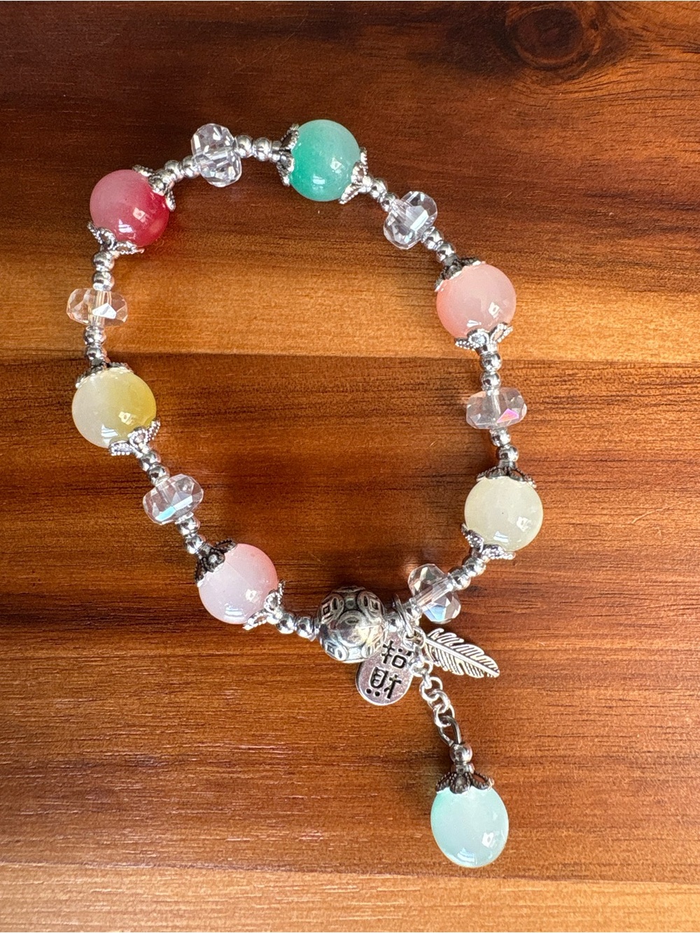 Pastel Glass Bead Charm Stretch Bracelet Silver Tone Feather Fortune Coin Lucky